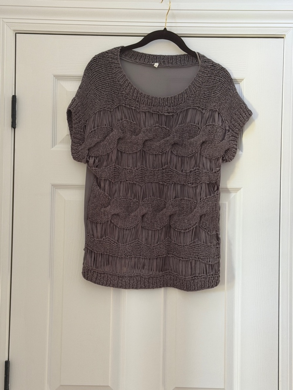 Designer looking gray Short Sleeve Top with sheer and woven look